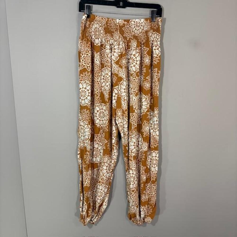 Lotus And Luna Pants Womens CURVE Brown Floral Rayon Harem Boho Elastic Waist